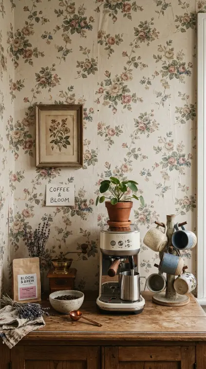19 Eclectic Coffee Station Ideas With Vintage Charm 14 14. Vintage Patterned Wallpaper as a Backdrop