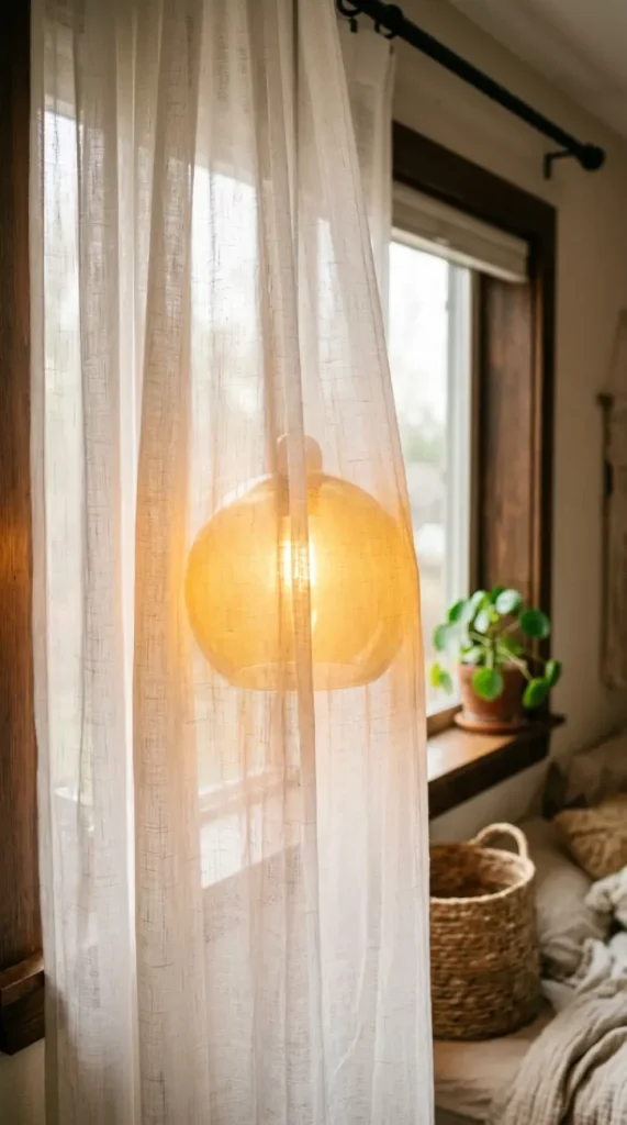 18 Romanticizing My Room Small Space Sheer Drapery Ideas 14 14. Warm Glass Pendant Light Hung Behind the Sheer Panels