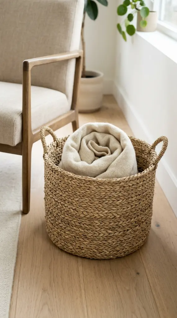 18 Small Reading Nook Cozy Corner Nordic Airy Minimal 14 14. Woven Seagrass Basket for Blankets
