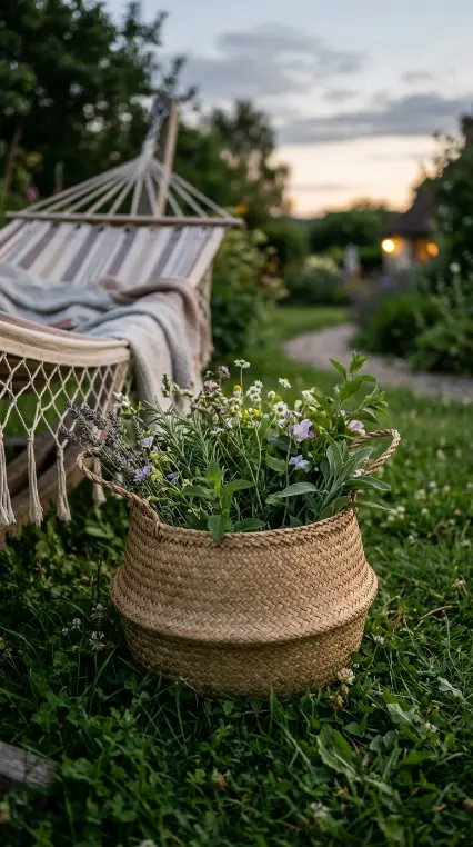 17 Summer Cottagecore Hammock Sitting Area Dusk Glow 14 14. Woven Straw Basket of Garden Cuttings