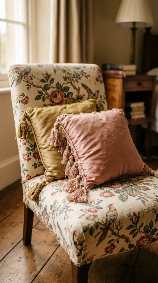 19 Reading Chair in Bedroom Vintage Floral Slipper Corner 15 15. A Pair of Tasseled Silk Cushions on the Seat
