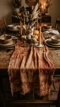 17 Boho Eclectic Centerpiece for Thanksgiving 15 15. A Rust-Dyed Cheesecloth Draped Loosely Down the Table