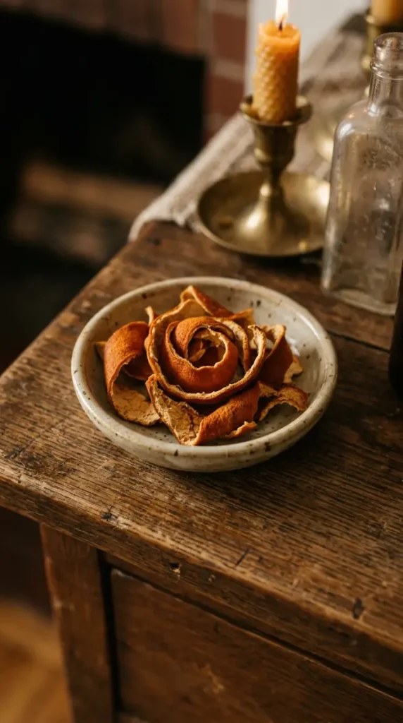 18 Collected Fall Mantel Styling Ideas That Feel Easy 15 15. A Small Dish of Dried Orange Peel Curls