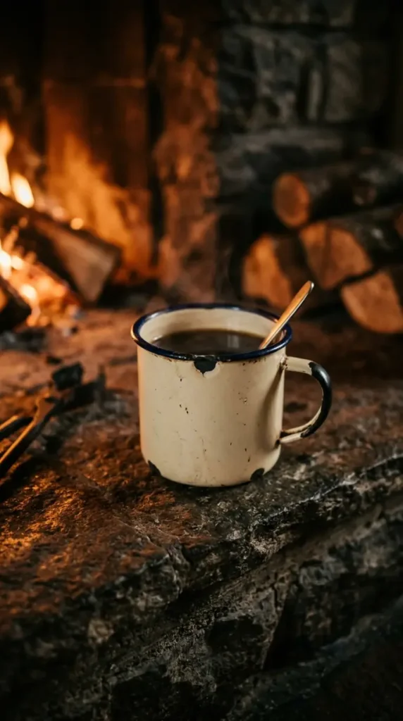 16 Moody Fall Fireplace Ideas for a Cozy Sanctuary 15 15. A Small Enamel Mug Left Warming on the Hearths Stone Ledge