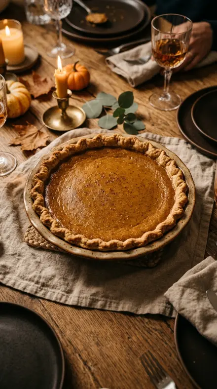 16 Small Moody Thanksgiving Table for Intimate Nights 15 15. A Small Pumpkin Pie Left Uncut at the Tables Center Until Dessert