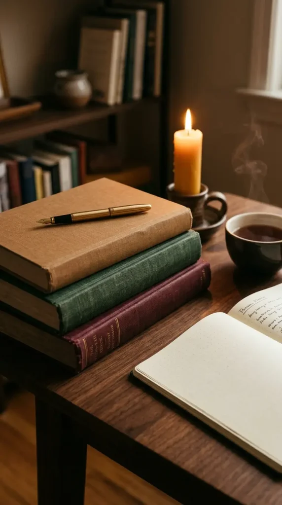 18 Cozy Office Aesthetic Candlelight Bookshelf Warm Style 15 15. A Stack of Cloth-Spine Books on the Desk