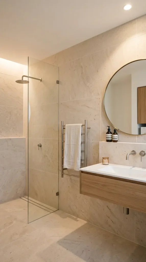 16 Laundry Room Bathroom Combo Maximized Built-In Minimal 15 15. A Stone Tile Feature Wall Extending Into the Shower