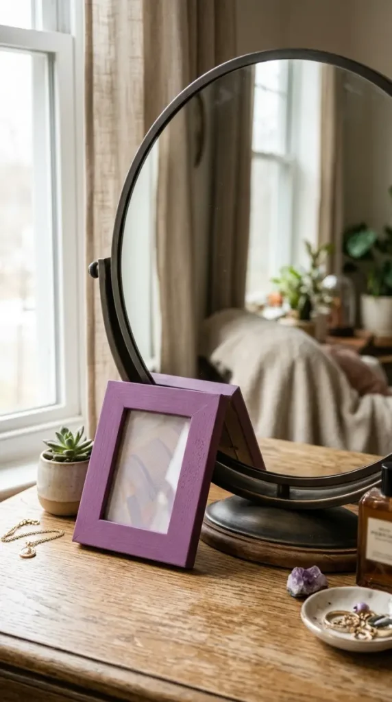 17 Jewel Tone Vanity Styling Ideas With Rich Color 15 15. Amethyst Purple Framed Photo Propped Against the Mirror