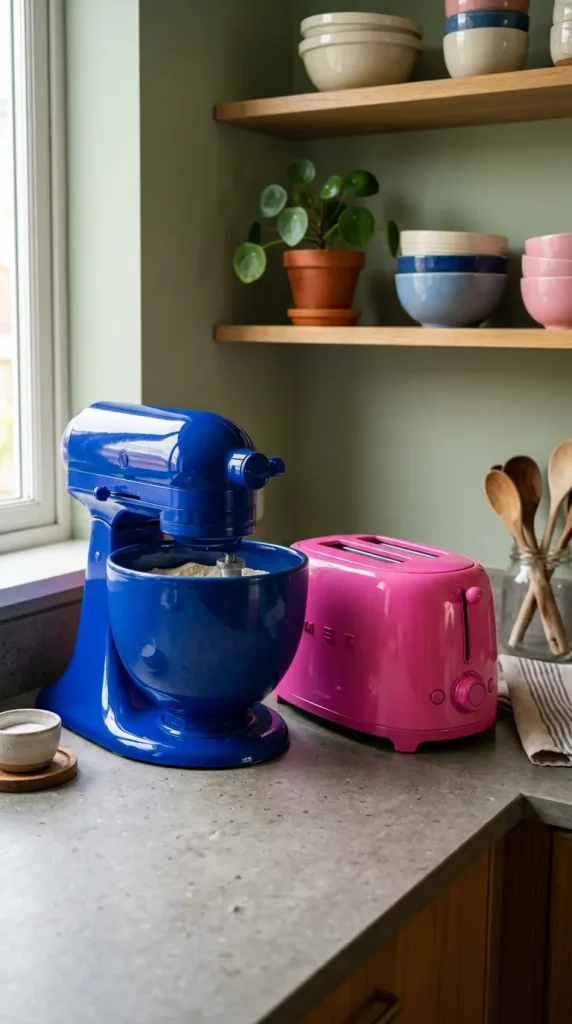 18 Dopamine Kitchen Ideas for a Bold Colorful Space 15 15. Colorful Small Appliances on the Counter