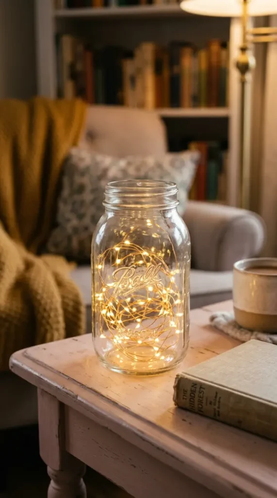 16 Cozy Reading Corners Whimsical Blush Fairy Lights 15 15. Fairy Lights in a Glass Jar on a Side Table