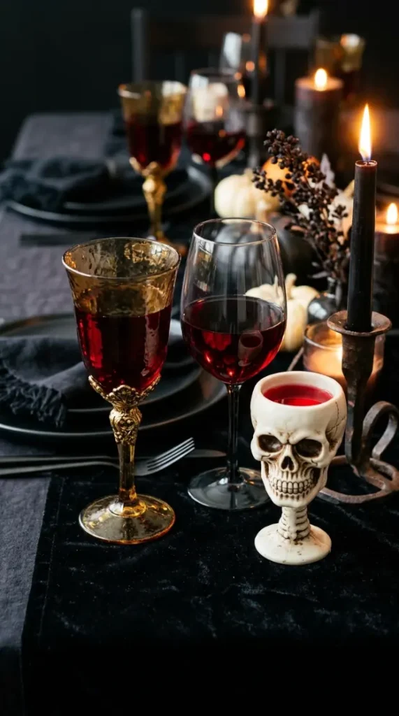15 DIY Halloween Centerpieces Gothic Candelabra Dinner Table Look 15 15. Finish the Full Table With Mismatched Gothic Glassware and Dark Red Wine