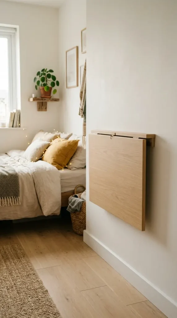 17 Small Bedroom Declutter Ideas for a Spacious Feel 15 15. Fold Down Wall Table for Occasional Use