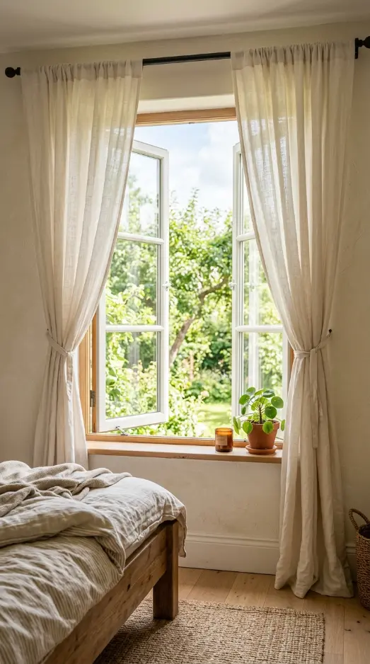 16 Minimalist Bedroom Declutter Ideas for Late Summer 15 15. Light Linen Curtains Tied Back for Cross Breeze