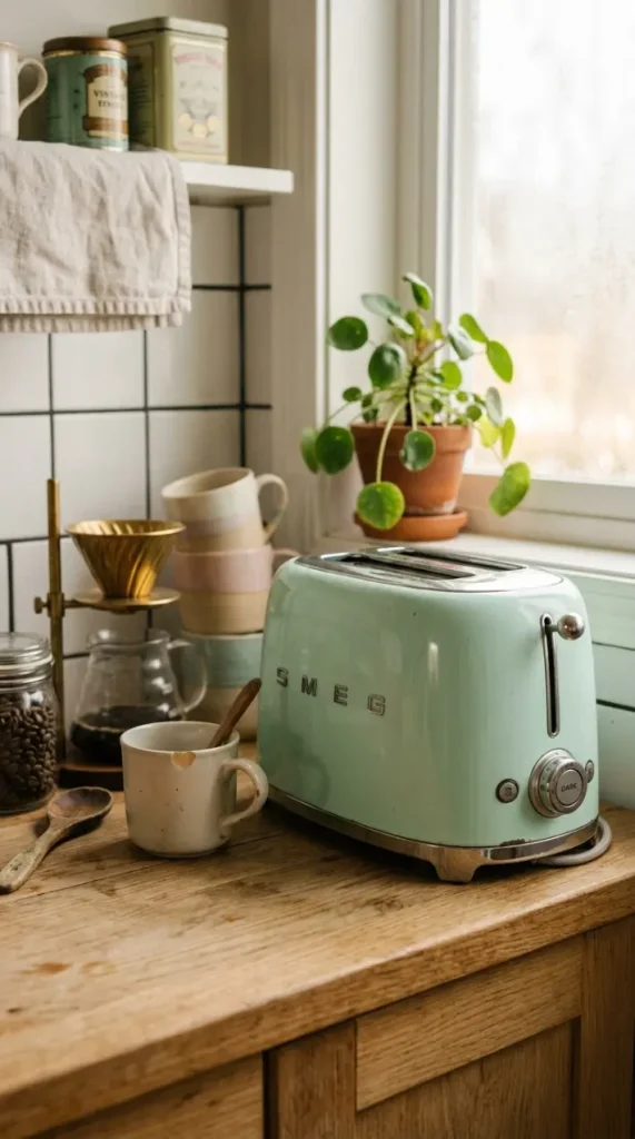 19 Eclectic Coffee Station Ideas With Vintage Charm 15 15. Retro Pastel Toaster Beside the Station