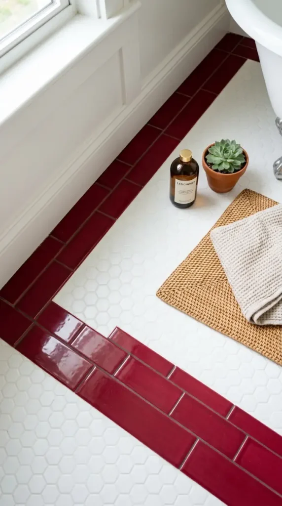 18 Jewel Tone Bathroom Ideas for a Luxurious Space 15 15. Ruby Red Tile Border Framing a White Floor