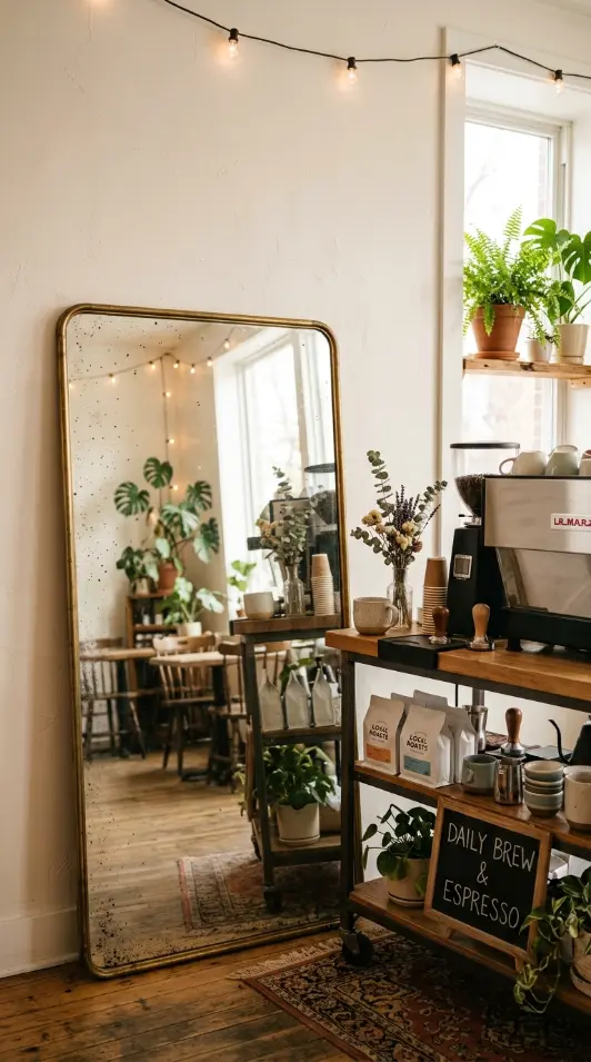 17 Small Space Eclectic Coffee Corner Ideas for Renters 15 15. Small Vintage Mirror Propped to Double the Light