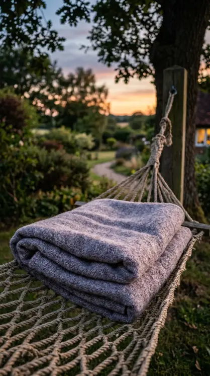 17 Summer Cottagecore Hammock Sitting Area Dusk Glow 15 15. Soft Wool Throw Folded at the Hammock's Foot
