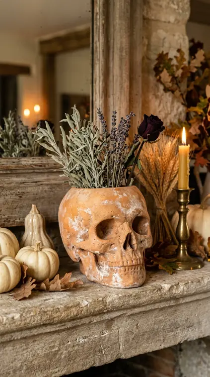 17 Elegant Halloween Mantel Decor French Country Style 15 15. The Aged Terracotta Skull Pot