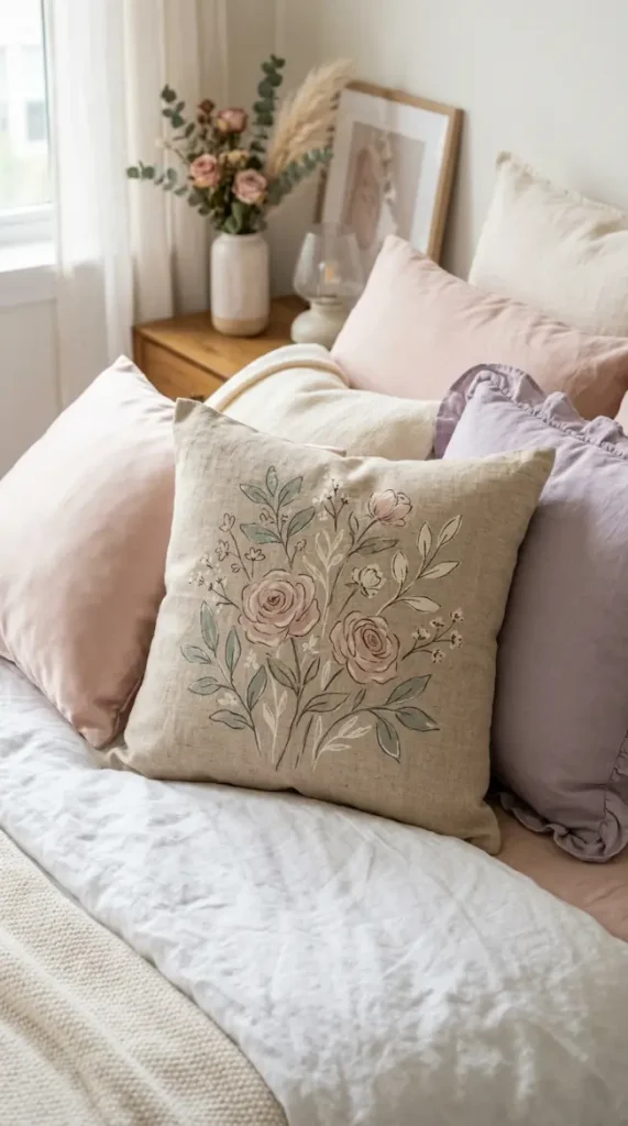 24 Apartment Bedroom Decor Pastel Dreamy Feminine Style 15 15. The Printed Linen Pillow Cover