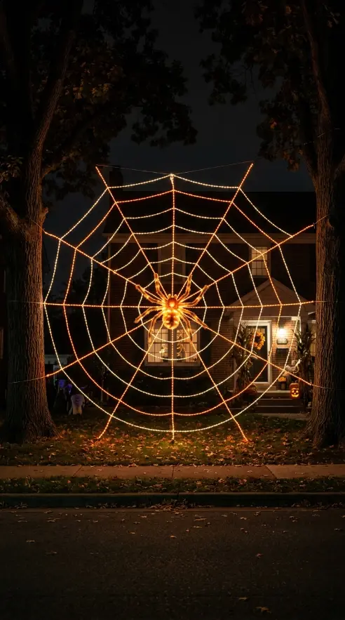 16 Outdoor Halloween Decorations Light-Up Pathway Night Style 15 15. The Spider Web String Light Installation