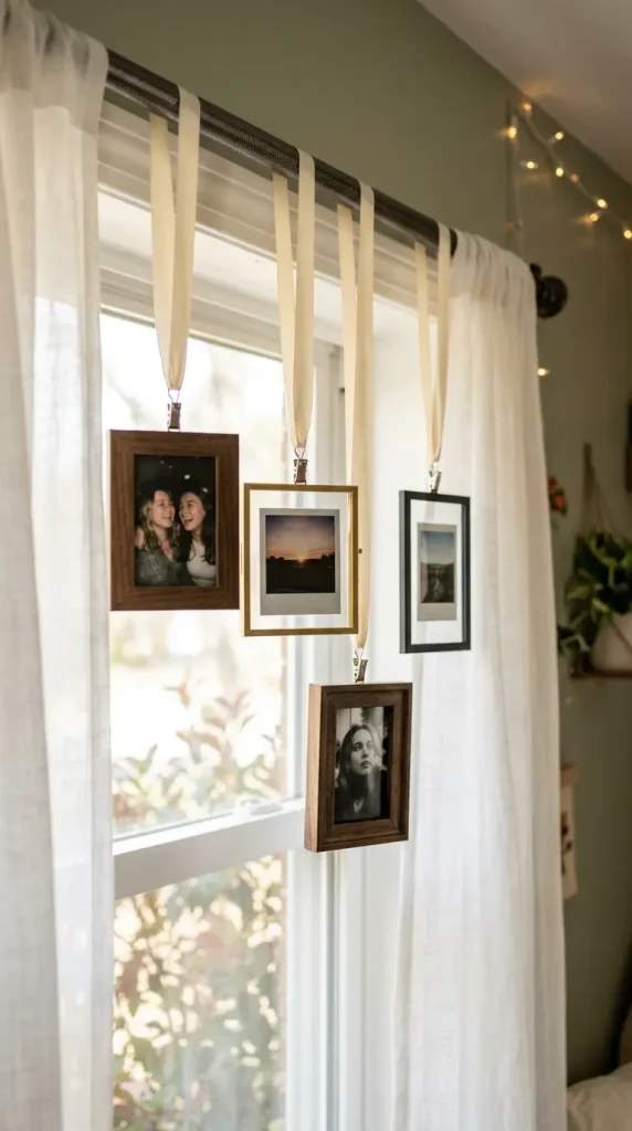18 Romanticizing My Room Small Space Sheer Drapery Ideas 15 15. Tiny Framed Photos Clipped to the Curtain Rod