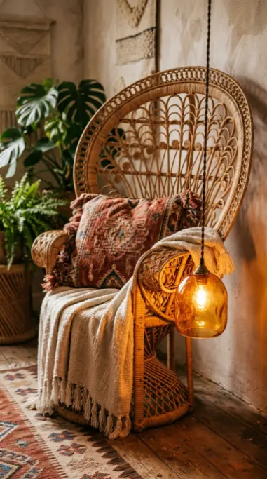 17 Small Reading Nook Cozy Corner Boho Woven Warmth 15 15. Warm Amber Glass Pendant