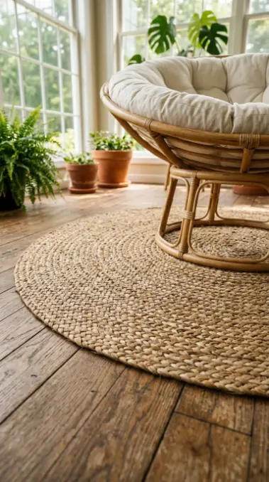 20 Summer Cottagecore Sunroom Gingham Sitting Corner 15 15. Woven Seagrass Area Rug