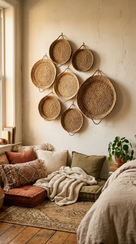 17 Golden Hour Bedroom Aesthetic Boho Floor Cushion Nook Ideas 15 15. Woven Wall Basket Display