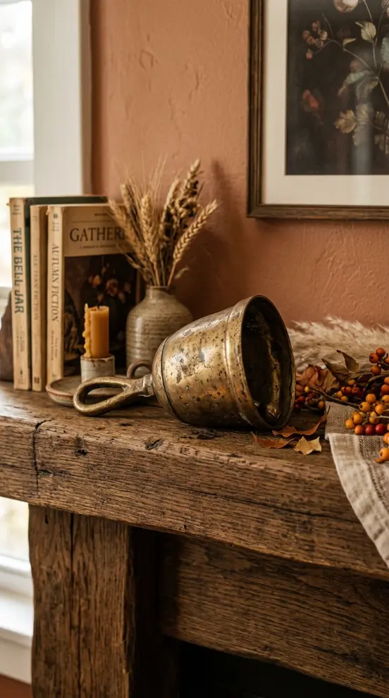 18 Collected Fall Mantel Styling Ideas That Feel Easy 16 16. A Small Brass Bell Left on Its Side Rather Than Upright
