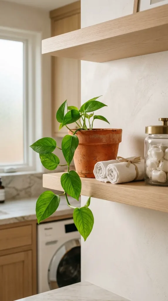 18 Laundry Room Designs Quiet Luxury Marble and Warm Wood Look 16 16. A Small Trailing Plant on the Open Shelf