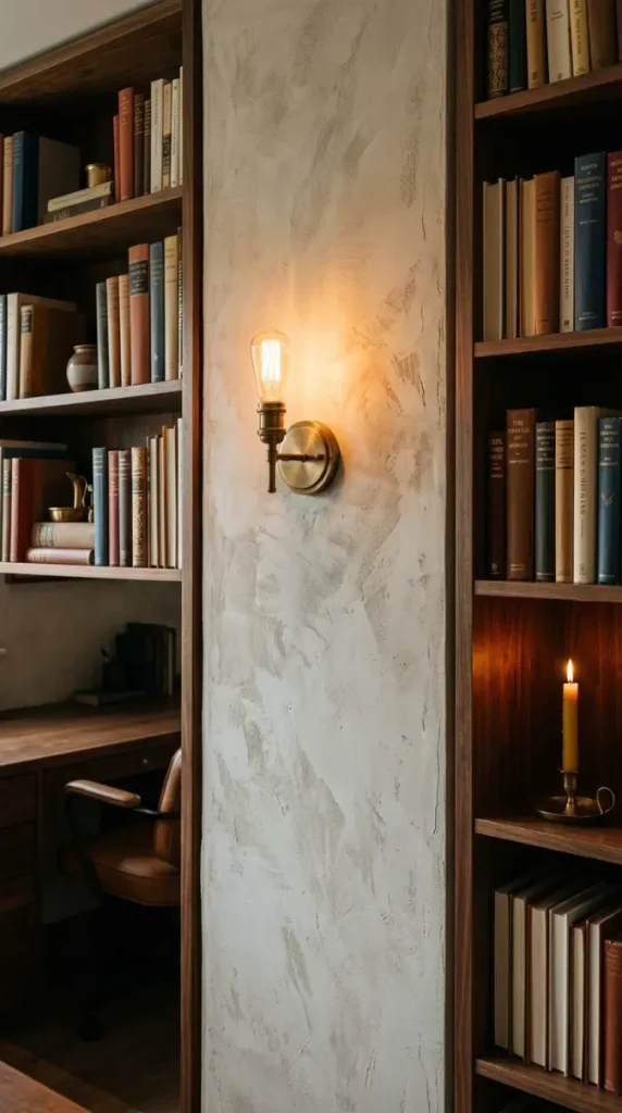 18 Cozy Office Aesthetic Candlelight Bookshelf Warm Style 16 16. A Warm Limewash Feature Wall