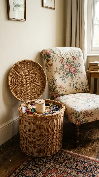 19 Reading Chair in Bedroom Vintage Floral Slipper Corner 16 16. A Wicker Sewing Basket Tucked Beside the Chair