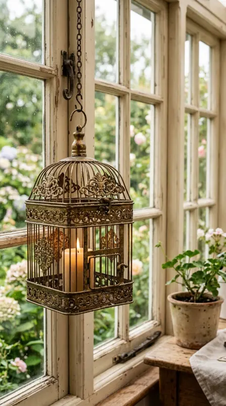 20 Summer Cottagecore Sunroom Gingham Sitting Corner 16 16. Antique Brass Birdcage Lantern