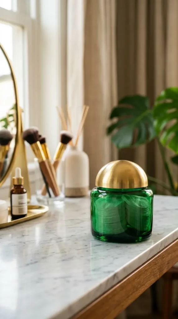 17 Jewel Tone Vanity Styling Ideas With Rich Color 16 16. Emerald Green Lidded Jar for Cotton Rounds