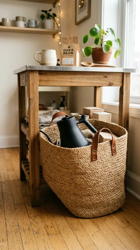17 Small Space Eclectic Coffee Corner Ideas for Renters 16 16. Fabric Covered Storage Bin for Loud Appliances