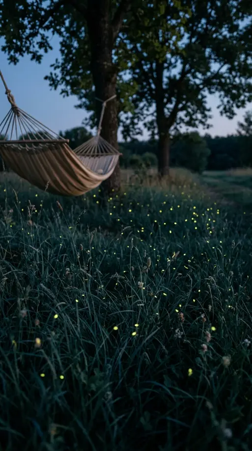 17 Summer Cottagecore Hammock Sitting Area Dusk Glow 16 16. Fireflies Beginning to Glow Among the Grass