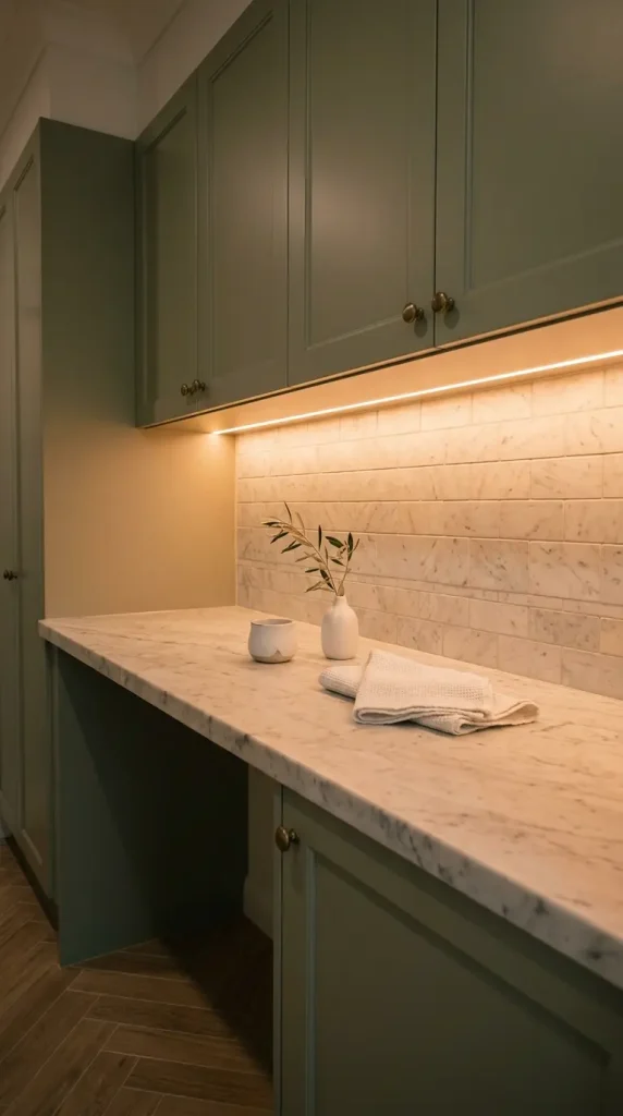 20 Luxury Laundry Room Ideas Sage Green Walnut Warm Style 16 16. Sage Green Laundry With Warm Amber Under-Cabinet Lighting