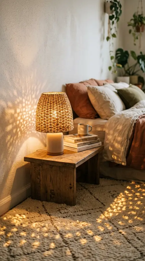 17 Golden Hour Bedroom Aesthetic Boho Floor Cushion Nook Ideas 16 16. Soft Table Lamp With a Rattan Shade