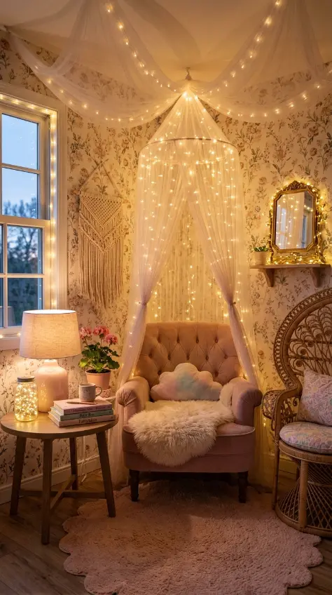 16 Cozy Reading Corners Whimsical Blush Fairy Lights 16 16. The Complete Whimsical Blush Fairy Lights Corner