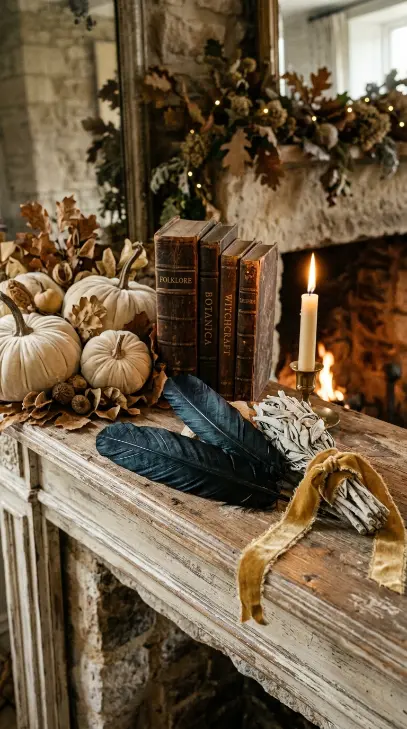 17 Elegant Halloween Mantel Decor French Country Style 16 16. The Crow Feather and Dried Sage Accent