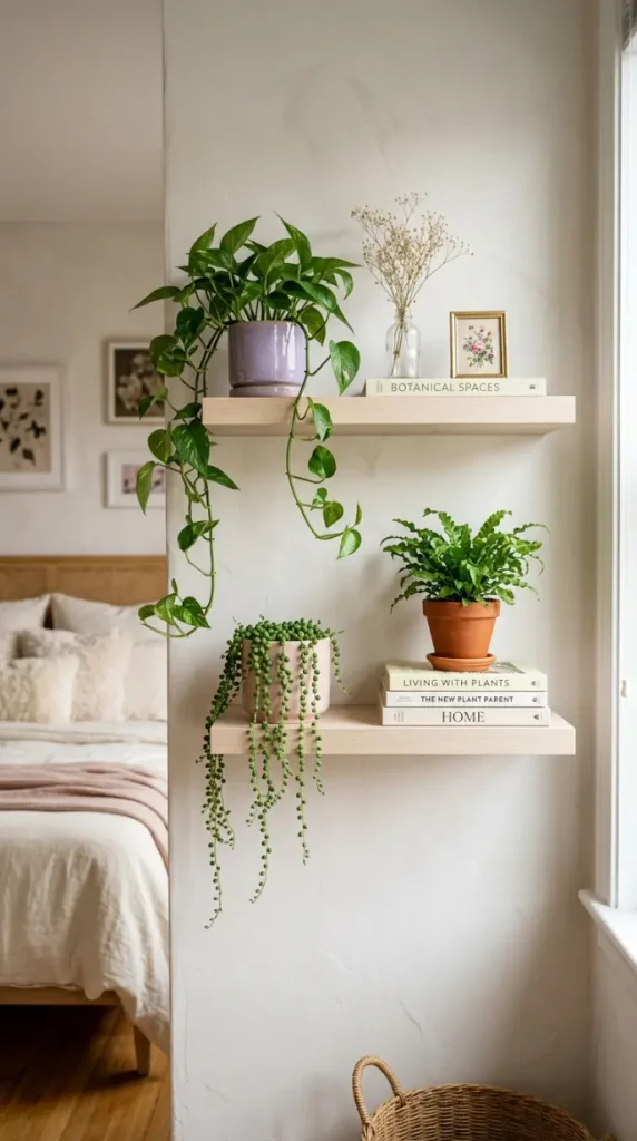 24 Apartment Bedroom Decor Pastel Dreamy Feminine Style 16 16. The Floating Shelf Botanical Display