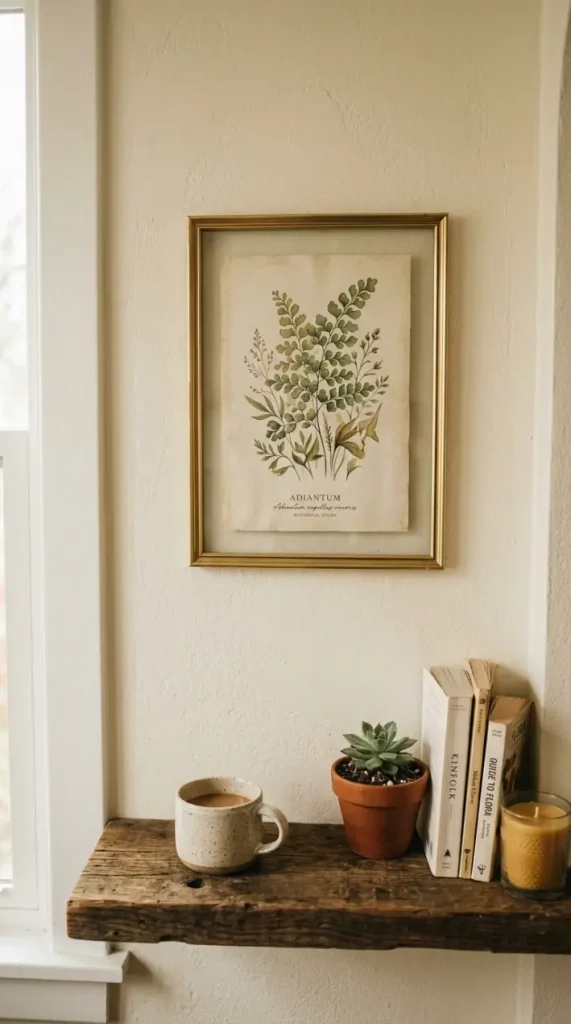 19 Eclectic Coffee Station Ideas With Vintage Charm 16 16. Vintage Botanical Print Framed Above the Shelf