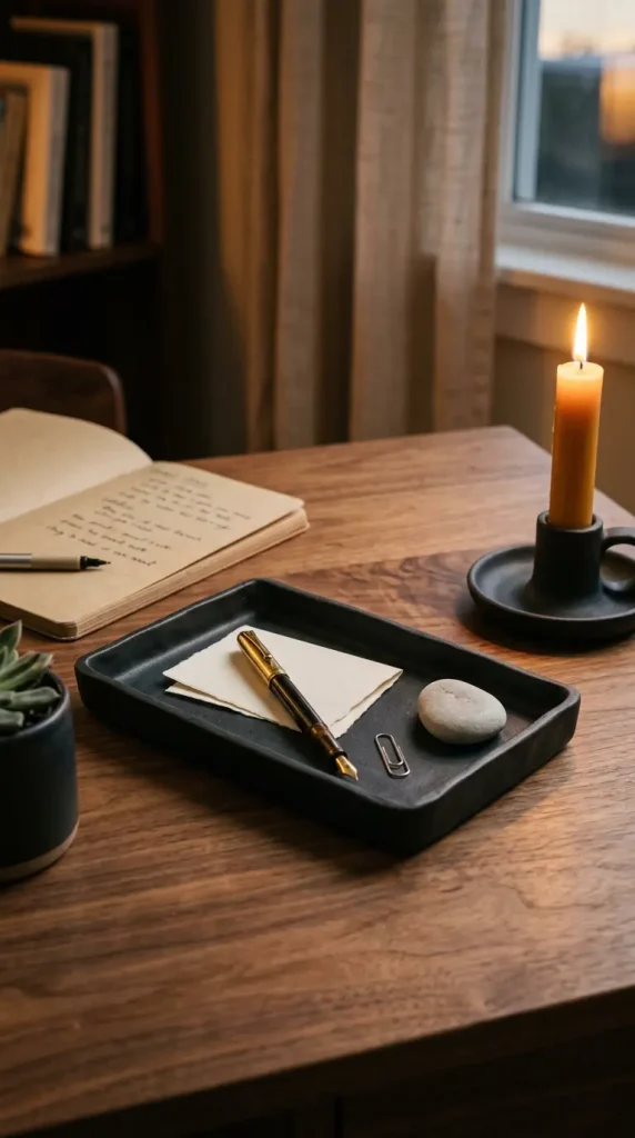 18 Cozy Office Aesthetic Candlelight Bookshelf Warm Style 17 17. A Dark Ceramic Pen and Object Tray