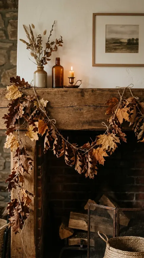 18 Collected Fall Mantel Styling Ideas That Feel Easy 17 17. A Loose Garland of Dried Leaves Draped Unevenly Along the Mantel
