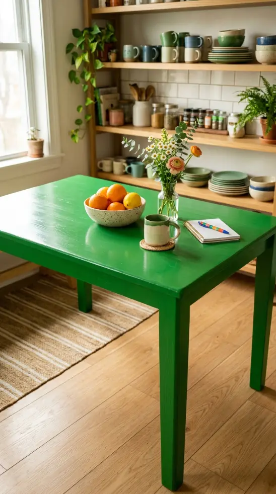 18 Dopamine Kitchen Ideas for a Bold Colorful Space 17 17. Bold Colored Kitchen Table