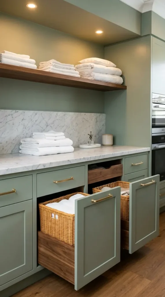 20 Luxury Laundry Room Ideas Sage Green Walnut Warm Style 17 17. Sage Green Laundry With Built-In Folding Counter and Basket Storage