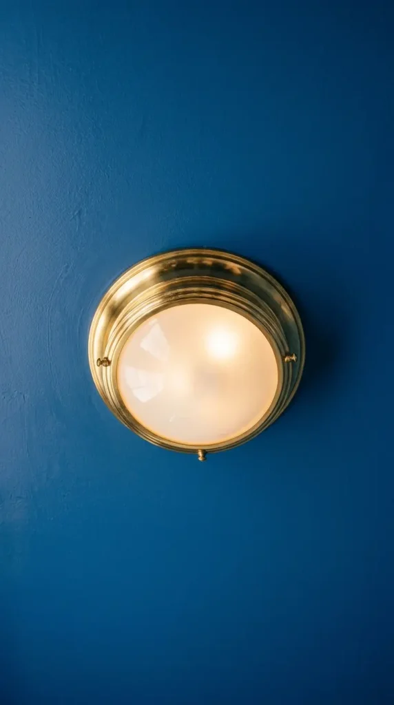 18 Jewel Tone Bathroom Ideas for a Luxurious Space 17 17. Sapphire Blue Ceiling With a Brass Flush Mount