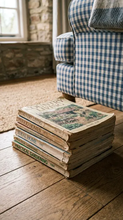 20 Summer Cottagecore Sunroom Gingham Sitting Corner 17 17. Stack of Vintage Magazines
