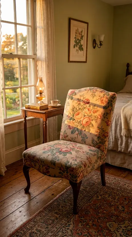 19 Reading Chair in Bedroom Vintage Floral Slipper Corner 17 17. The Chair Catching Late Golden Hour Light