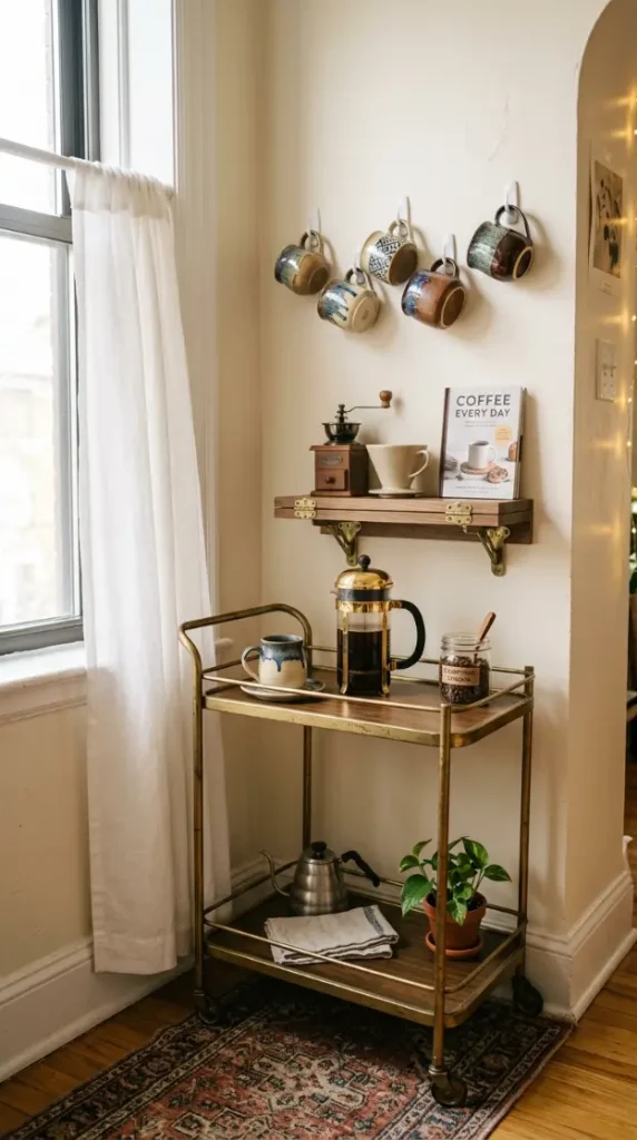 17 Small Space Eclectic Coffee Corner Ideas for Renters 17 17. The Complete Small Space Eclectic Coffee Corner for Renters